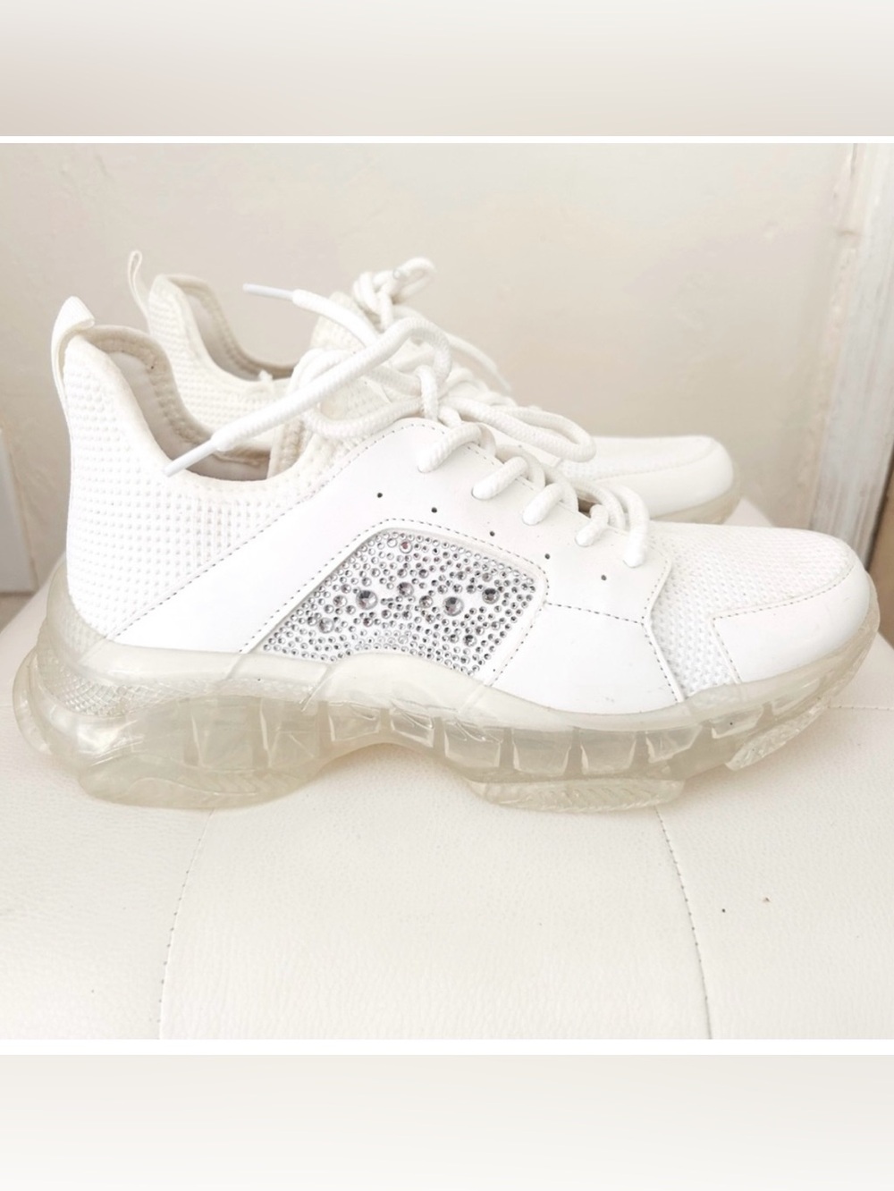 Steve Madden White Rhinestone Vance  Platform Sneakers